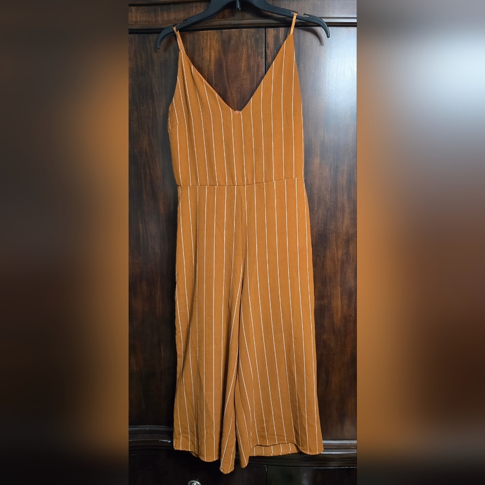 Gameday Striped Linen Blend Romper Jumpsuit Terracotta Burnt Orange, M